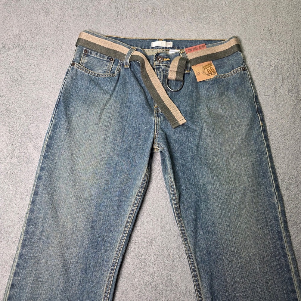 Route 66 Mens 34x32 Low Rise Bootcut Jeans Blue Denim with Striped Belt